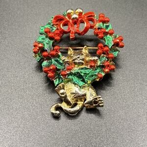 Signed AJC Cat WREATH Christmas Brooch Sparkle Kitty Cat
